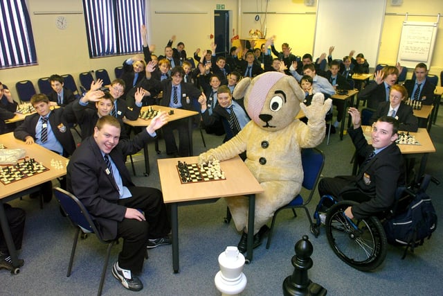 Pudsey Bear taking part in a Chessathon at Collegiate High School, Blackpool, for Children in Need