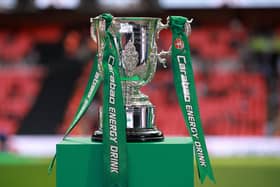 LONDON, ENGLAND - FEBRUARY 26: A general view of the Carabao Cup trophy prior to the Carabao Cup Final match between Manchester United and Newcastle United at Wembley Stadium on February 26, 2023 in London, England. (Photo by Eddie Keogh/Getty Images)