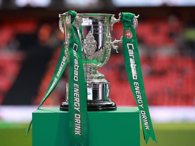 LONDON, ENGLAND - FEBRUARY 26: A general view of the Carabao Cup trophy prior to the Carabao Cup Final match between Manchester United and Newcastle United at Wembley Stadium on February 26, 2023 in London, England. (Photo by Eddie Keogh/Getty Images)