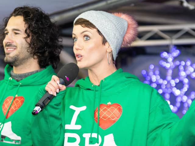 Strictly dancer Lauren Oakley speaks to the crowd ahead of the official opening of Christmas by the Sea in Blackpool. Photo: Kelvin Lister-Stuttard