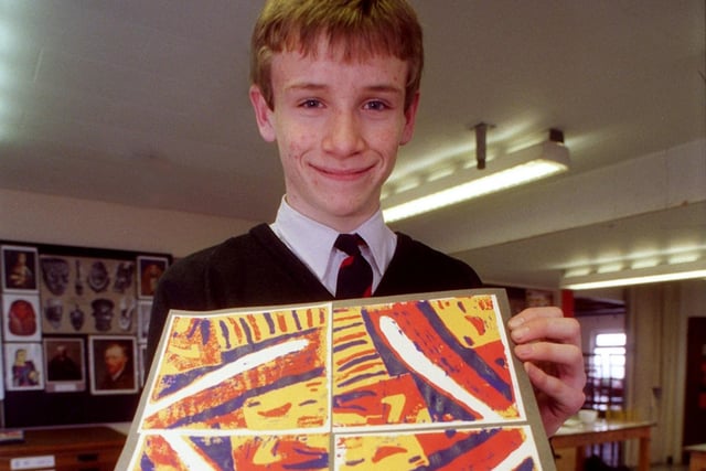 Warbreck High School pupil Nick Coyle (14) with a lino-print