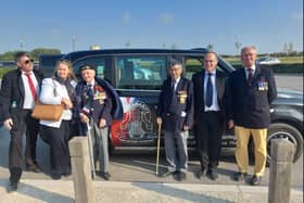 Arriving in Caen (l-r):Chaperone Steven Rathbone, Rachael Gordon (BAE Systems), Ken Benbow, Stuart Taylor, David Holmes (BAE Systems) and Colonel David Waters.