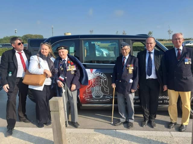 Arriving in Caen (l-r):Chaperone Steven Rathbone, Rachael Gordon (BAE Systems), Ken Benbow, Stuart Taylor, David Holmes (BAE Systems) and Colonel David Waters.