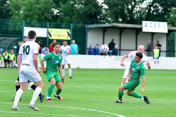 Will Hatfield tries a shot for AFC Fylde in the friendly win at Charnock Richard  Picture: STEVE MCLELLAN