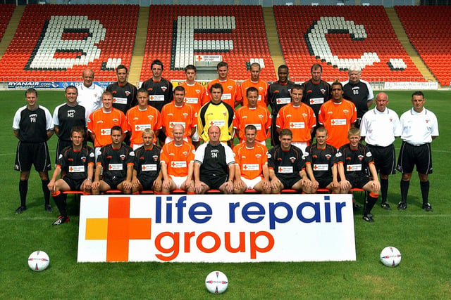 This was a photocall at Bloomfield Road in 2003. The team proudly wearing their new kit sponsored by Life Repair. They were... back from left, Les O'Neill (chief scout), Leam Richardson, Jonathan Douglas, Stephen McMahon, Richie Wellens, Danny Coid, Neil Danns, Kenny Irons, Barry Garnett. Middle, from left, Phil Horner (physio), Mark Seagraves (asst. manager), Keith Southern, Matthew Blinkhorn, John Murphy, Phil Barnes, Mike Flynn, Steve Davis, Chris Clarke, Dave Fogg and Gary Hargreaves. Front, from left, Tommy Jascczun, Scott Taylor, Kirk Hilton, Mike Sheron, Steve McMahon (manager), Simon Grayson, Richard Walker, Martin Bullock and Jamie Burns.