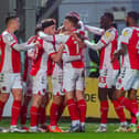 Fleetwood celebrate after Dan Batty gives them the lead against Lincoln  Picture: SAM FIELDING / PRIME MEDIA IMAGES