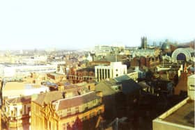 A great early colour photo of Blackpool town centre, taken from Blackpool Tower. Some of those buildings are long gone, mostly to make way for the Houndshill. Can you see Queenstown flats in the far distance?