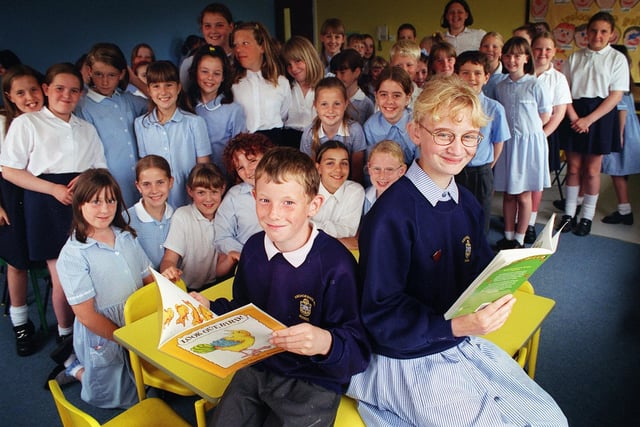 Anchorsholme school pupils David Beardsall and Laura Butterworth with schoolmates at the opening of the school's new wing, 1999