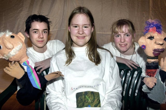 Pupils were addressing the issues of sex and relationships via a puppet show entitled 'Sex 'n' Chips'.
Pictured in a scene from the show are Robert Lea, Toni Rose and Roxamme Thompson, 2001