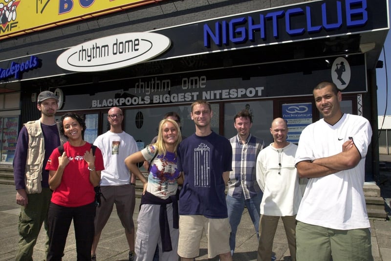 Steve Quan-Soon (right), Chris Tyler (fourth from right) and Carla Tottoh (second from left), with colleagues  outside the Rhythm Dome in Blackpool, 2000
