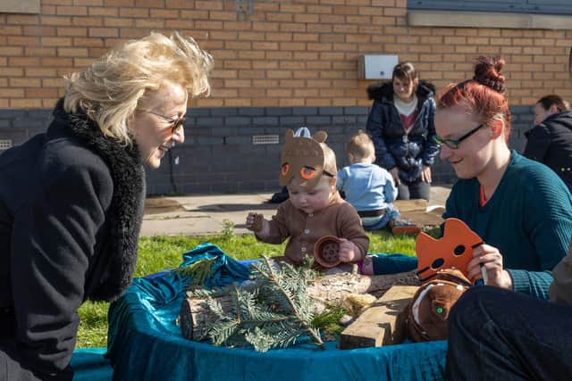 Andrea Leadsom with Sian Marie Griffiths and her daughter Freya Bassett