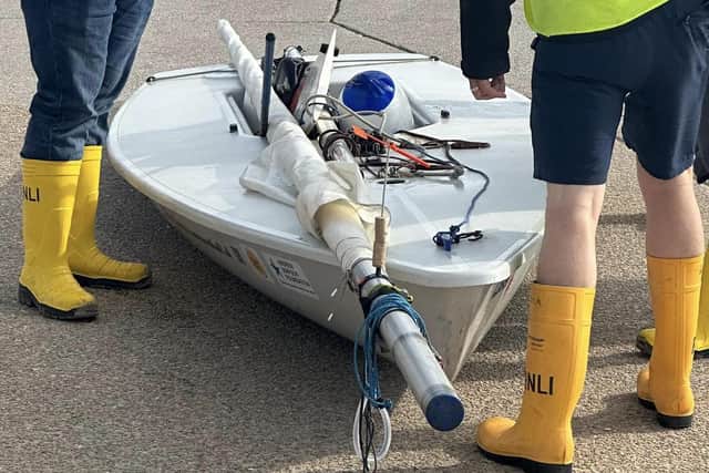 The Laser Dinghy had washed up on the beach near the Comedy Carpet (Credit: RNLI Blackpool)