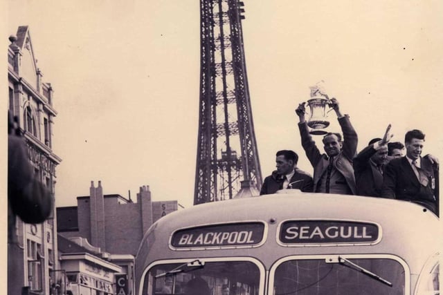 Blackpool celebrating the 1953 FA Cup final win with the Tower in the background