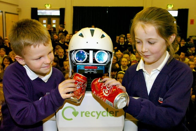 Feeding time for 'Recycler' the robot visiting Boundary Primary School in 2008