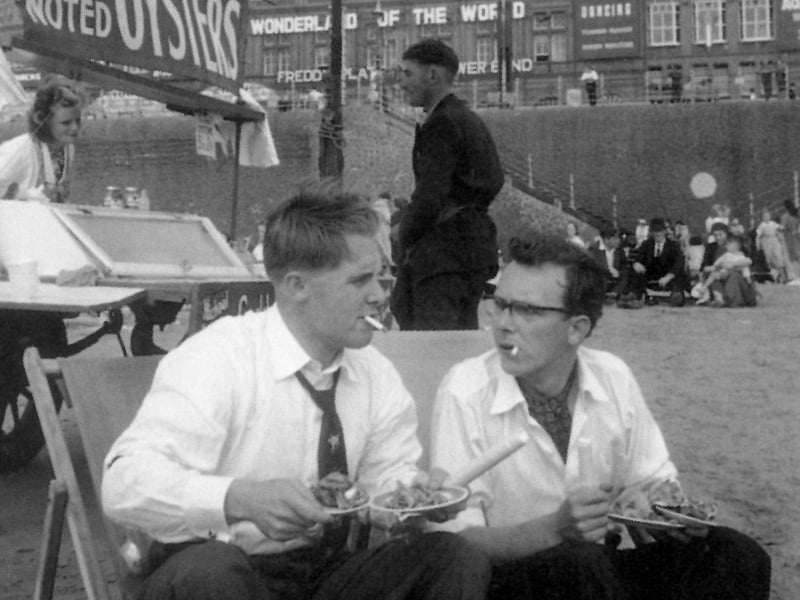 Eric Morecambe and Ernie Wise on the beach at Blackpool in 1953