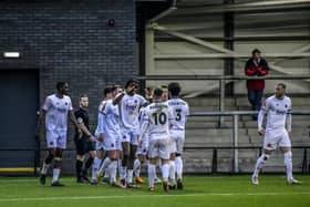 Fylde Striker Mo Faal celebrates after scoring at close range to make it 3-1  to the Coasters. Photos: Steve McLellan