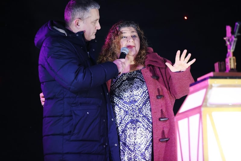 Former EastEnders actor Cheryl Fergison with event host and radio presenter Graham Liver as she gets set to pull the switch. Picture: Brett Harkness.