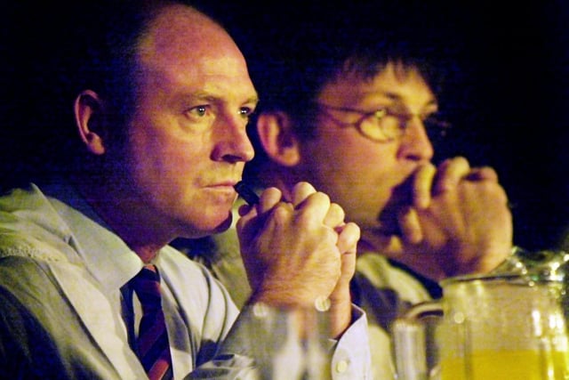 Steve McMahon and Karl Oyston at the Blckpool Football club fans forum at the Tangerine Club in 2000