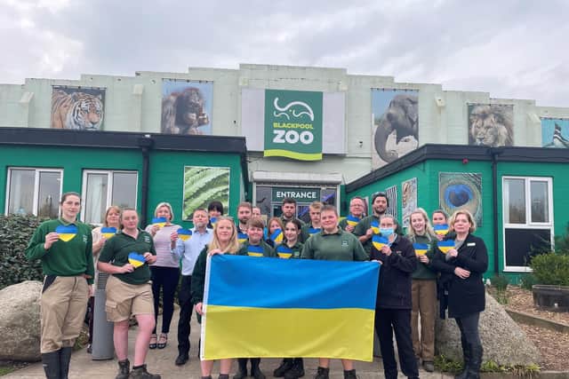 The Blackpool Zoo team show their support for Ukraine