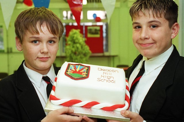 Warbreck pupils Gareth Ayres and Chris Cairns celebrate the school being re named Beacon Hill High in 2000