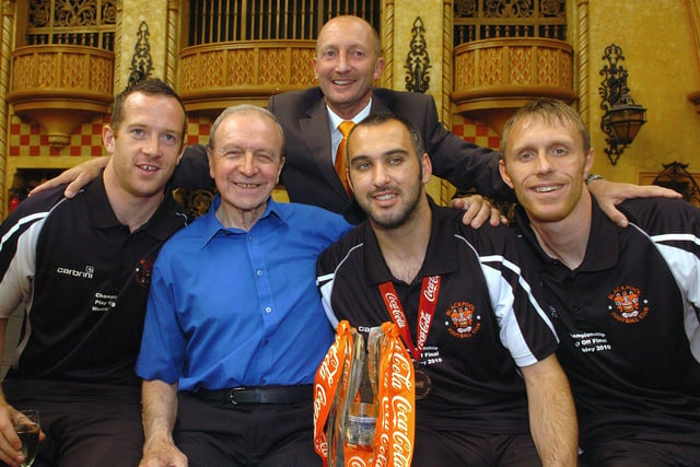 The three goalscorers Adam, Gary Taylor-Fletcher and Brett Ormerod with manager Ian Holloway and Jimmy Armfield before the victory parade