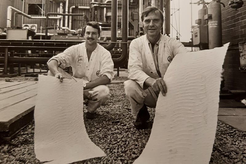 Gerry Carter (left) and Frank Glynn holding the 'toffee strips' and intermediate stage of plastic production