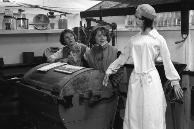 Historians young and old took a glimpse into the past at a brand new museum of Lancashire rural life. Time has stood still at the Fylde Museum of Country Life in Woods Lane, Pilling, near Garstang, which offers a comprehensive look at farming over the last 100 years or so. Pictured: Michelle Thomson, 13, (left), and Sharon Hodge, also 13, look at the dairy reconstruction - complete with reconstruction dairy maid