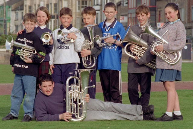 Young Morecambe musicians. From left: Neil Cook, Samantha Lowe, Scott Greenwood, Jonathan Joslin, Alan Bottomley, Jason Lowe and Anna Thackrah. Euphonium player Andrew Bottomley is pictured at the front