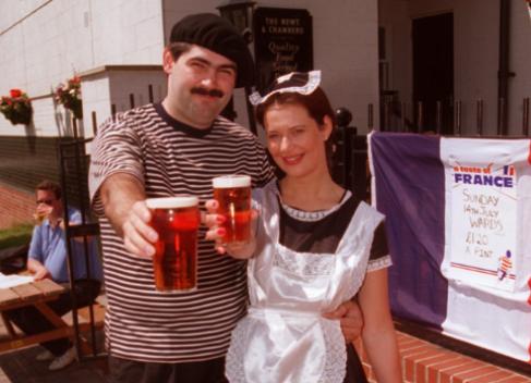 Landlord of the Newt and Chambers pub on Charles Street Spencer Treasure with barmaid Kath dressed in French costume in 1996 to protest over the tax on British beer and French beer