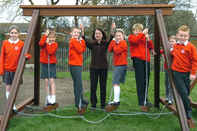 Joan Humble who was MP for Blackpool North and Fleetwood tries out the new Trim Trail, which she opened at Sacred Heart Catholic Primary School, Thornton in 2008