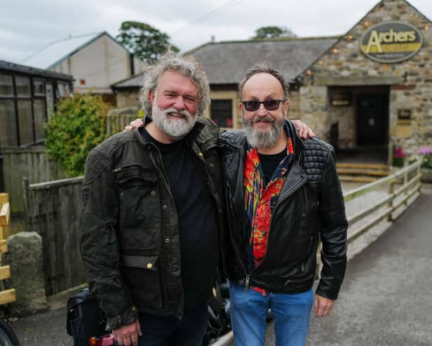 The Hairy Bikers, Si King and Dave Myers, outside Archers Cafe. Image: BBC/South Shore Productions/Jon Boast