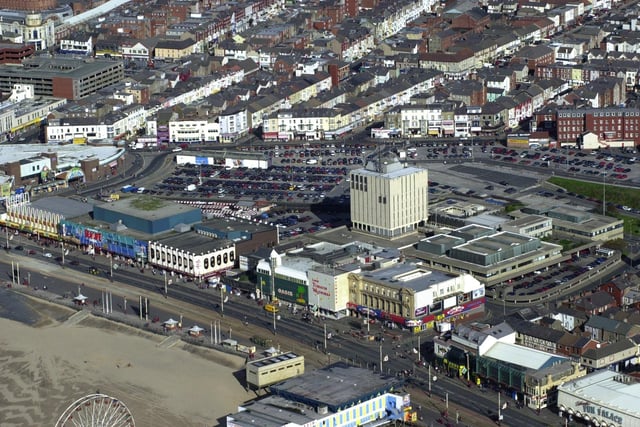 The centre of Blackpool dominated by the old police station with Tussauds, Central Car Park and the Golden Mile