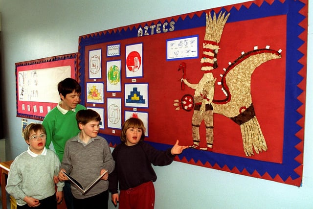 Children from Woodlands School, Blackpool, with their Young Seasiders entry - a mosaic depicting the Aztecs. Class teacher Glynis Alexander is pictured with, from left,  Kyle Morris, Paul Dyas and Lee Brooks, 1997