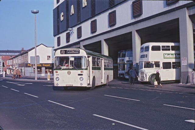 Remember Blackpool Transport's cream and green colour scheme? This was Talbot Road bus station in the 1980s. Peter Jones Carpet in the background
