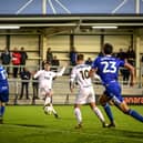 AFC Fylde's Tom Walker fires in to level the score. Photos: Steve McLellan
