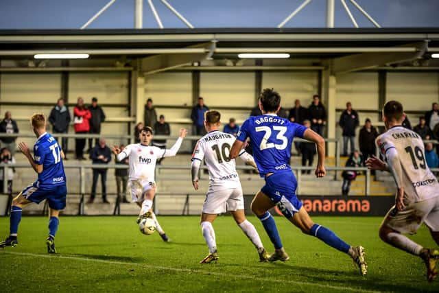 AFC Fylde's Tom Walker fires in to level the score. Photos: Steve McLellan