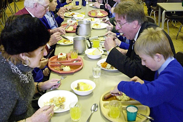 Councillors enjoy a school lunch at Layton Primary School in 2001