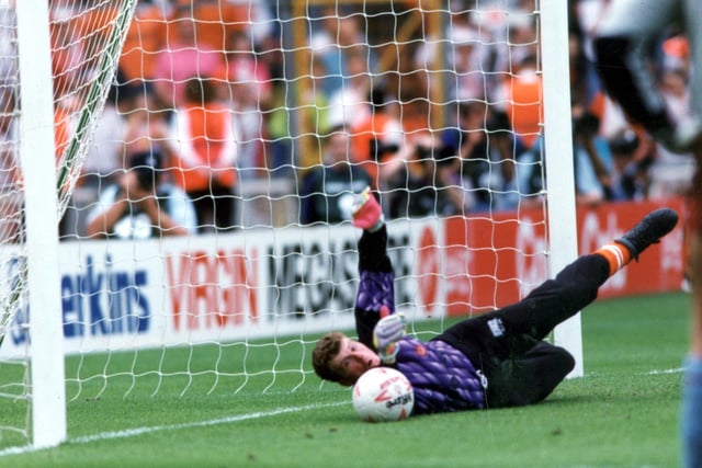 Steve McIlhargey makes the winning save against Scunthorpe in the 1992 Fourth Division Play-off final