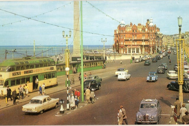 A wonderful wide-angle view that encapsulates so many of Blackpool’s attractions in the late 1950s/early 1960s. At Talbot Square, two ‘Balloon’ double-decker trams pass (one almost hidden by the other). The town’s War Memorial – one of the country’s finest – overshadows the long tram shelter, with Butlin’s Metropole Hotel behind them.  Photo: Barry McLoughlin collection