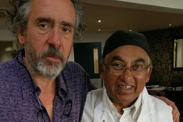 Film director Tim Burton at the Bilash Restaurant in St Annes with proprietor Azizul Choudhury, 2015. He was in town for the filming of his movie Miss Peregrine's Home for Peculiar Children