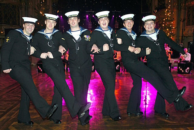 Blackpool sailors Phil Nicholson, Gregg Cook, Mike Sharp, Chris Heywood, Nick Slater, and Gaz Powell enjoy their night ashore at the Christmas Tree Ball