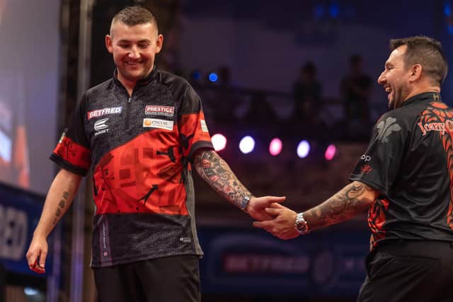 Nathan Aspinall's mid-game blitz in the Betfred World Matchplay final took away the game from Jonny Clayton, his opponent in Blackpool Picture: Taylor Lanning/PDC
