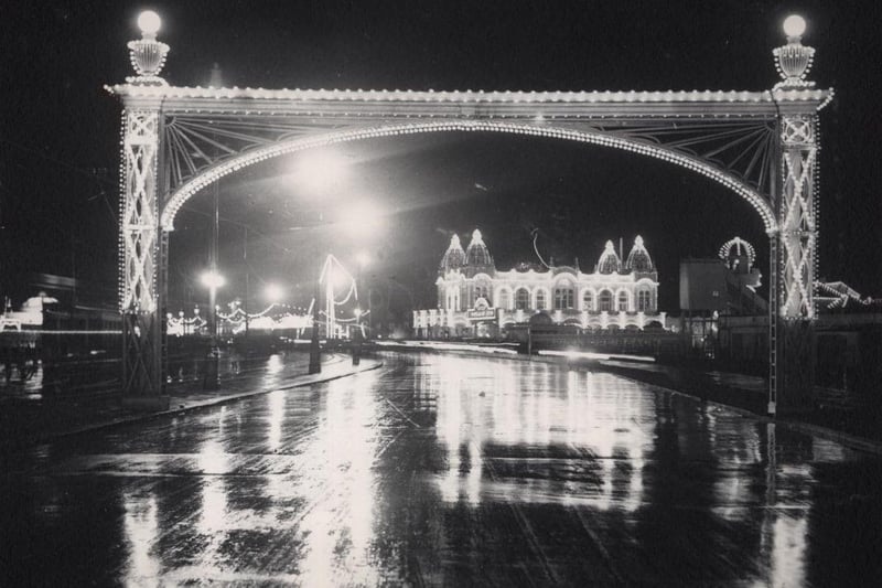 The illuminated arch and casino at Blackpool Illuminations in the 1940s
