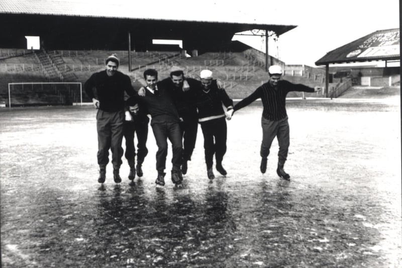 Ice Skating at Blackpool's Bloomfield Road in 1963 - Blackpool FC players ice skating on the frozen pitch