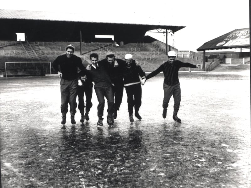 Ice Skating at Blackpool's Bloomfield Road in 1963 - Blackpool FC players ice skating on the frozen pitch