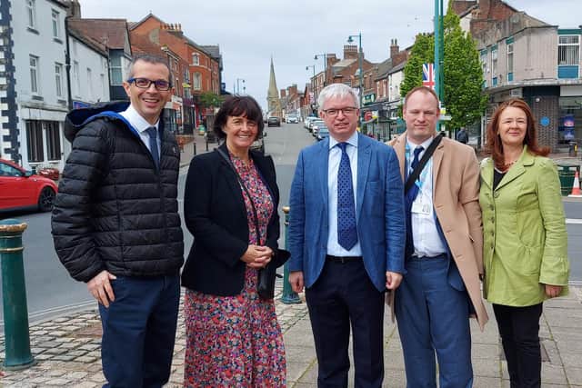 Fylde MP Mark Menzies (centre) in Kirkham town centre with (from left): County Coun Aidy Riggott, who is the County Council Cabinet Member for Economic Development and Growth; Lancashire County Council leader County Coun Phillippa Williamson, County Coun Stuart Jones, who represents Fylde East on the County Council and Fylde Council leader Coun Karen Buckley.