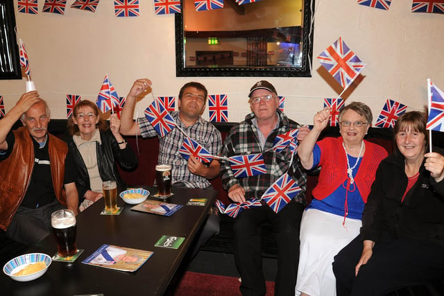 The Dinmore pub on Grange Park hosted a Diamond Jubilee party. Getting in the party spirit were Bill Tideswell, Kathleen Cole, Darren Atkins, Ray Owen, Sheila Wrench and Lily Owen