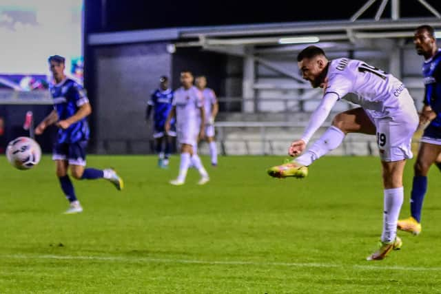 Luke Charman scores AFC Fylde's second goal against Kidderminster Harriers Picture: Steve McLellan