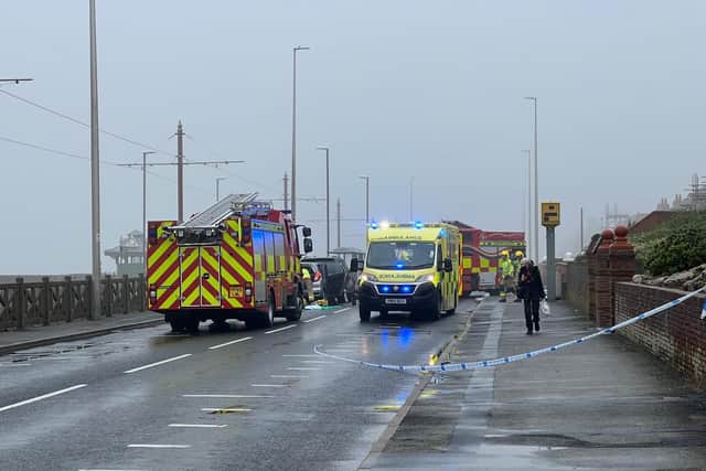 An 88-year-old woman was taken to hospital with “serious injuries” after three cars collided in Bispham. (Photo by Dave Nelson)