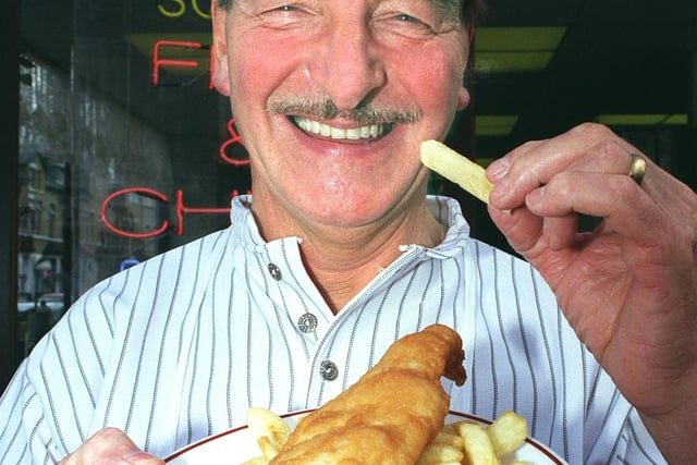 Frank Coward, who owned the Frying Squad chippy on Lytham Road in Blackpool, celebrated his Seafish Quality Award with a plate of his prizewinning fish and chips in 1999